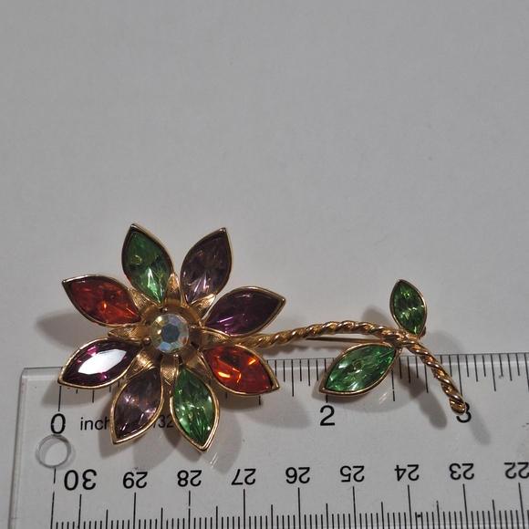 Vintage GRAZIANO Large Colorful Flower Brooch Pin 3" Uranium Glass Gold Tone - Picture 7 of 13